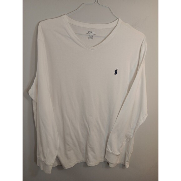Polo Ralph Lauren Shirt Mens Xl White V-Neck T-Shirt Blue Pony Long Sleeve - Picture 1 of 8